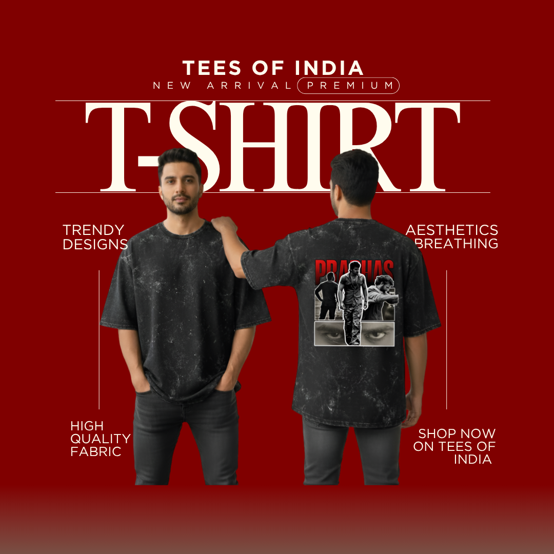 Promotional image of a black t-shirt with a graphic design on a red background, featuring 'Tees of India' branding.
