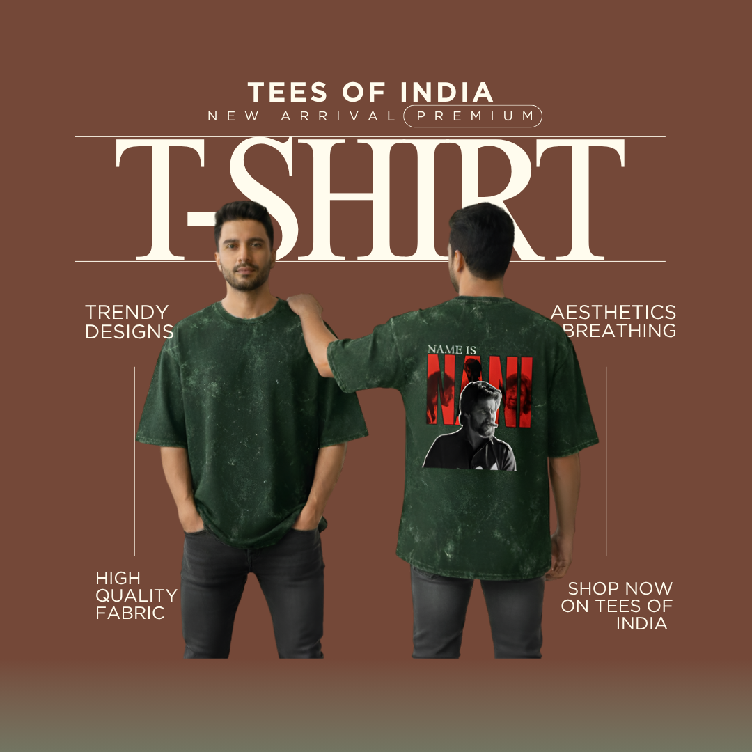 Green t-shirt with a person wearing it, showing front and back views on a brown background with promotional text.